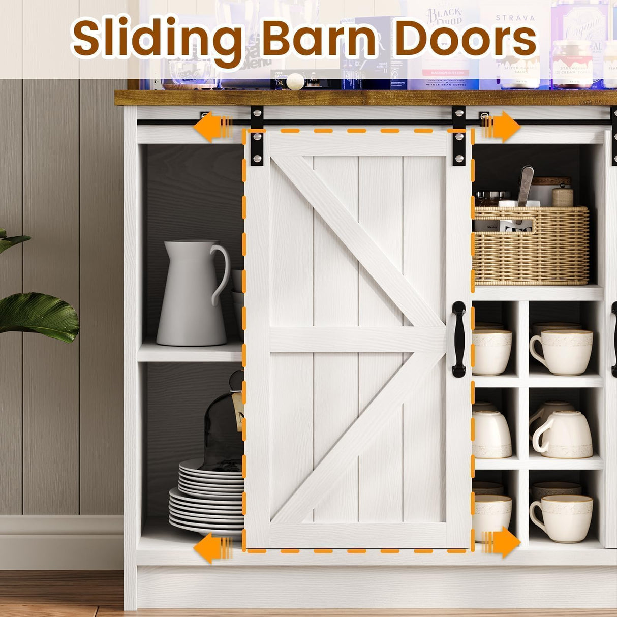 Farmhouse Coffee Bar Cabinet with Storage, 47 Inch Coffee Bar Hutch with Sliding Barn Doors, Wine Bar Cabinet with LED Light and Mirror, White Coffee Bar Table with Wine and Glass Rack for Living Room 4ever2buy