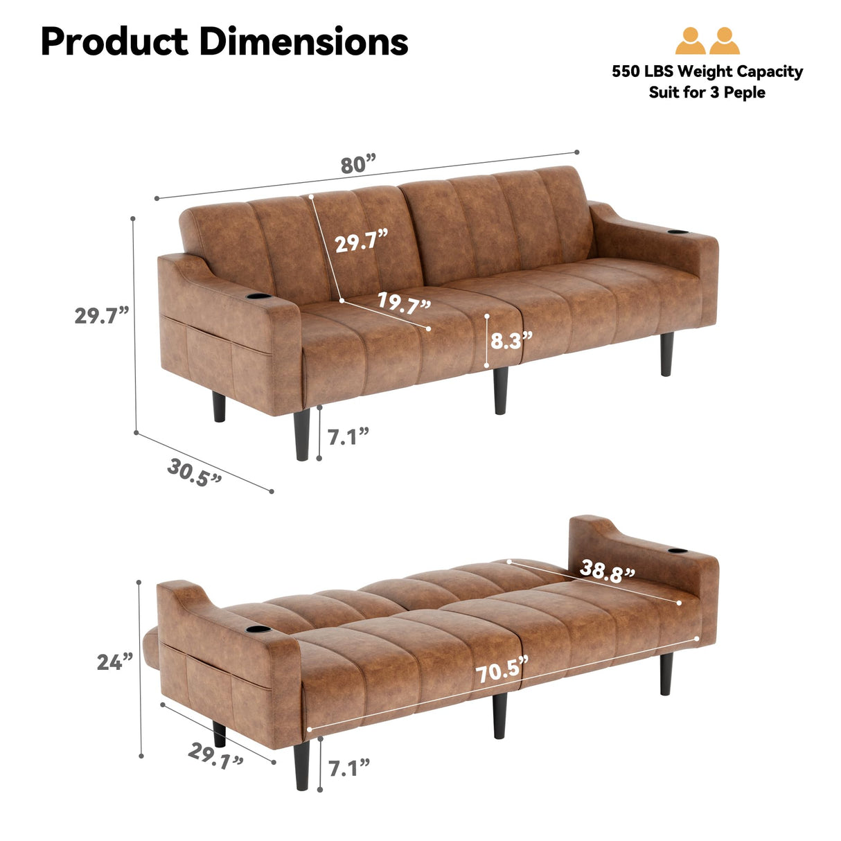 Chfeloai 80'' Futon Sofa Bed, Faux Leather Sleeper Couch, Convertible Loveseat with Adjustable Sofa Backrest, Modern Couches for Living Room, Bed Room, Apartment, Office (Brown) Chfeloai