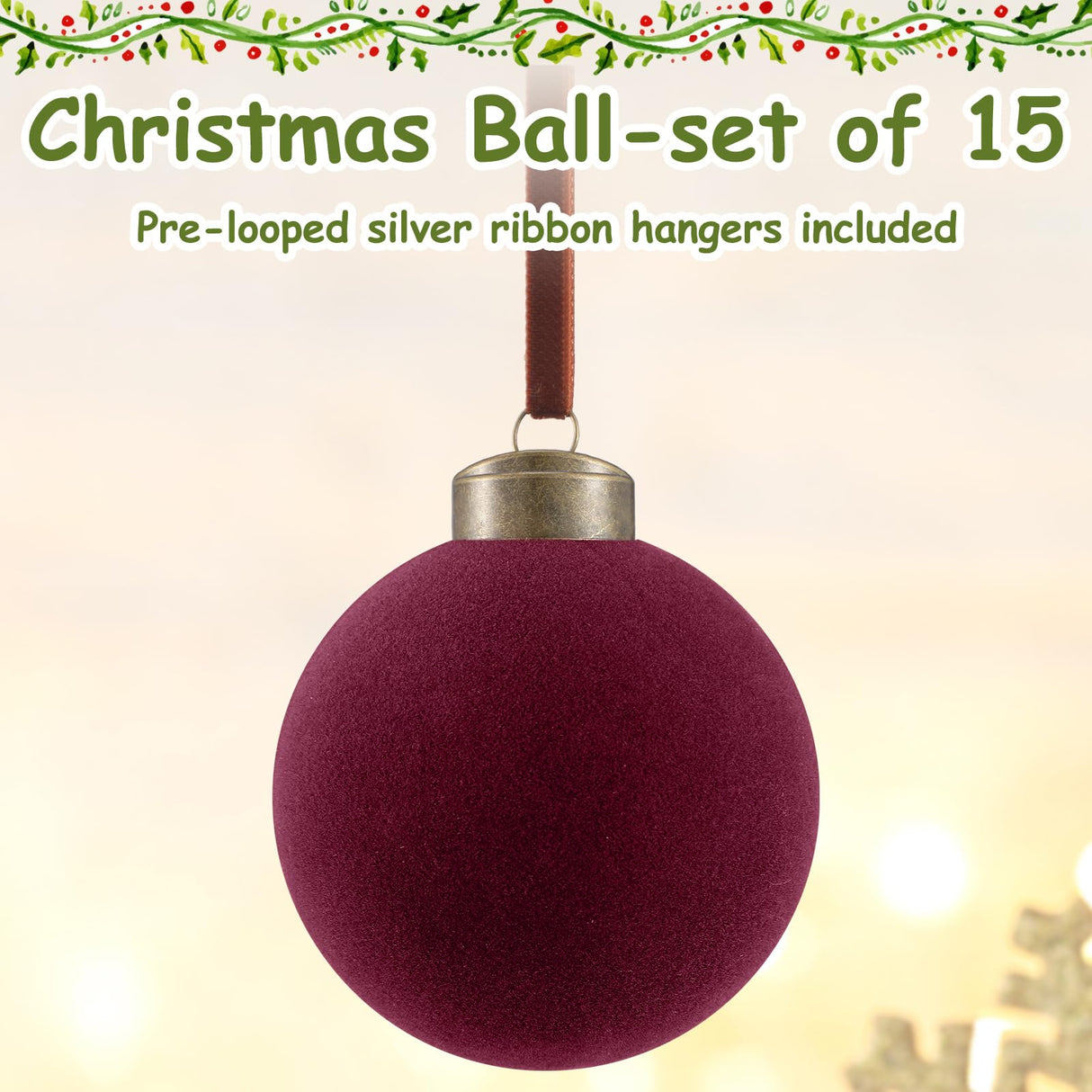 Liliful 15 Pcs Velvet Christmas Balls Bulk Flocked Christmas Tree Ball Ornaments Plastic Xmas Decorative Hanging Ornaments (Burgundy) Liliful