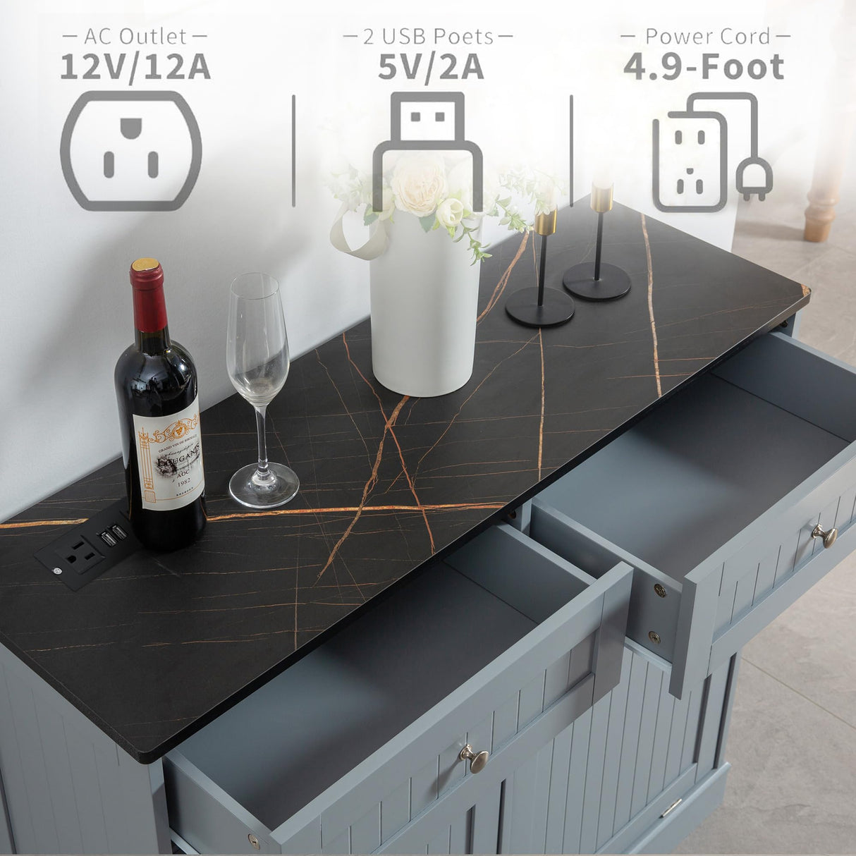 GAZHOME Double Tilt Out Trash Cabinet with Charging Station, Upgrade Wooden Trash Cabinet with Outlet,Recycling Cabinet with Hideaway Drawer,20 Gallon Tilt Out Trash Cabinet (Grey) GAZHOME