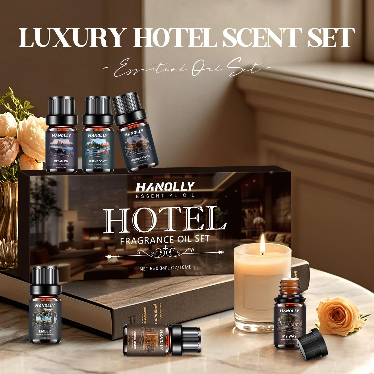 Hotel Diffuser Oils Gift Set - 6x10ML Luxury Hotel Scent Essential Oils Set for Diffuser, Candle Making - Premium Fragrance Oil, My Way, Ember, Dream On, Serene Coast, Midnight Velvet, Golden Bloom Hanolly