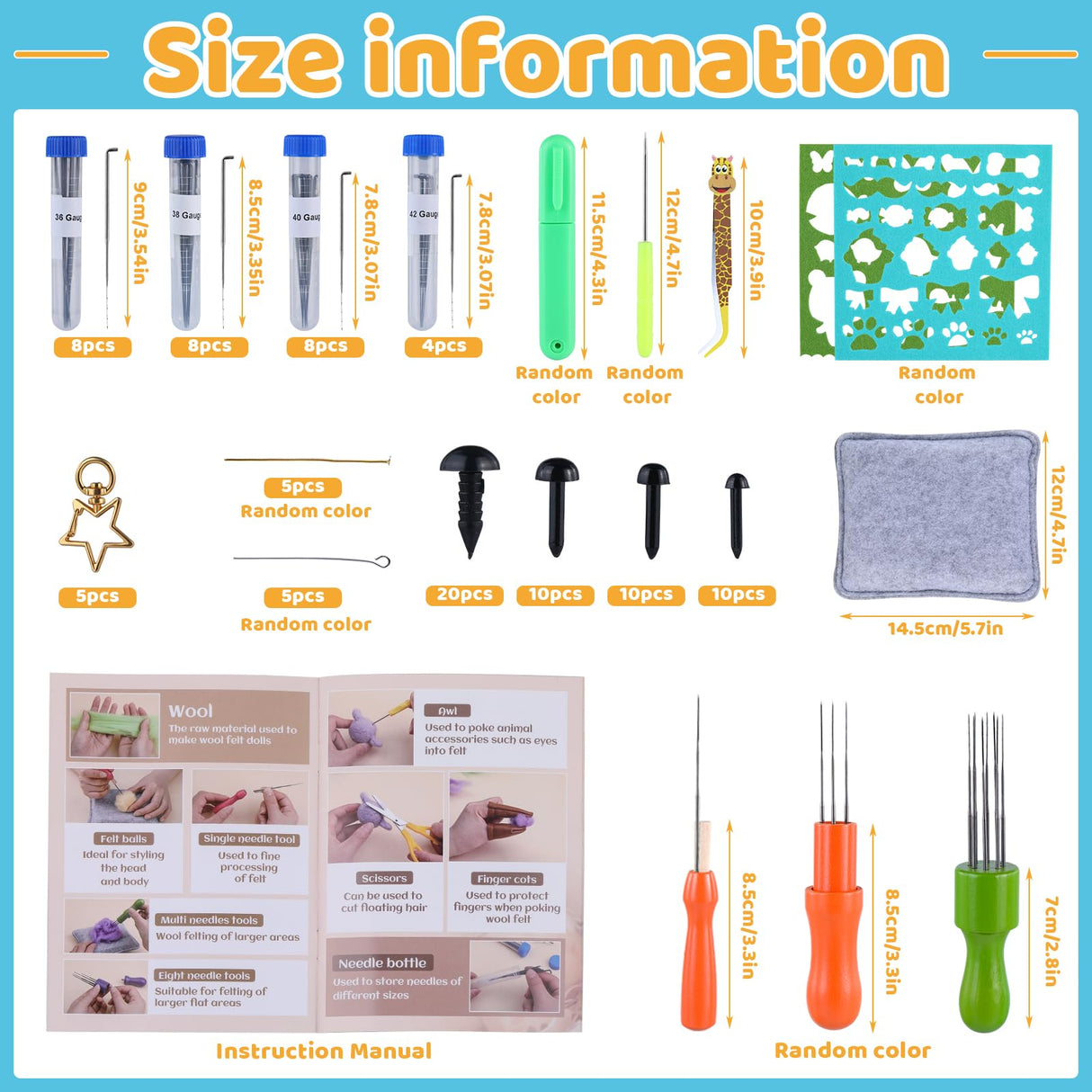 JNENERY Needle Felting Kit, 42 Colors Wool Roving Starter Kit, Needle Felting Starter Kits, Needle Felting Wool with Felt Tools, Instructions, Green Storage Bag for Felted Animal JNENERY