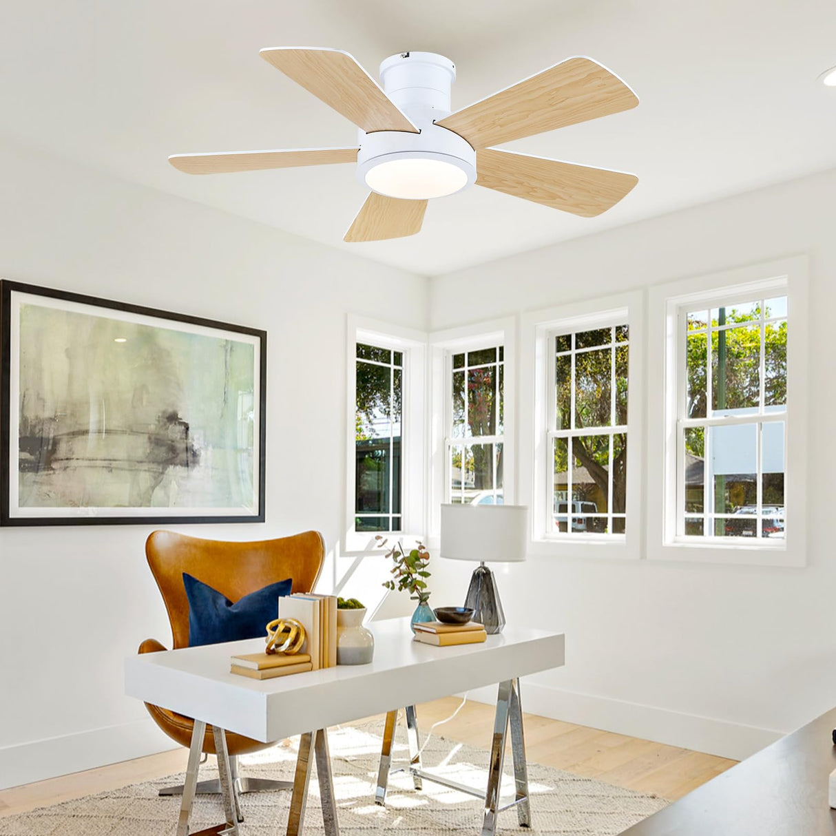 Ceiling Fans with Lights,Modern Low Profile Ceiling Fan with Light and Remote Control,5 Dual-Sided Blades,Reversible DC Motor,40" White Small Flush Mount Ceiling Fan for Bedroom Indoor/Outdoor Use Hounberi