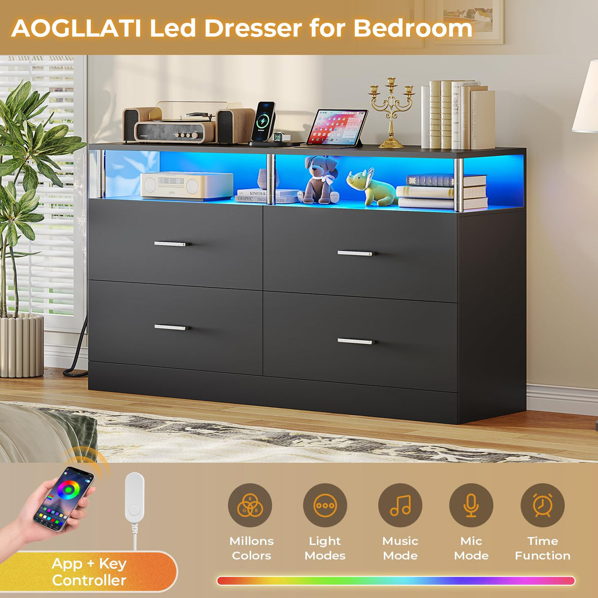 AOGLLATI Black Dresser for Bedroom with Charging Station, Bedroom Dressers with 4 Drawer, Dressers & Chests of Drawers with Column Design,Modern Led Wide Dresser for Living Room, Black AOGLLATI