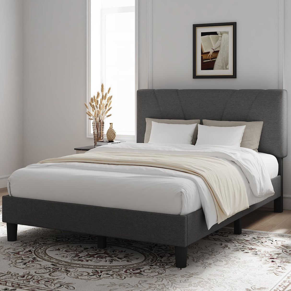 Novilla King Bed Frame and Headboard, Linen Upholstered King Size Bed Frame with Wood Slats Support, No Box Spring Needed, Heavy Duty Feet, Easy Assembly, Grey Novilla