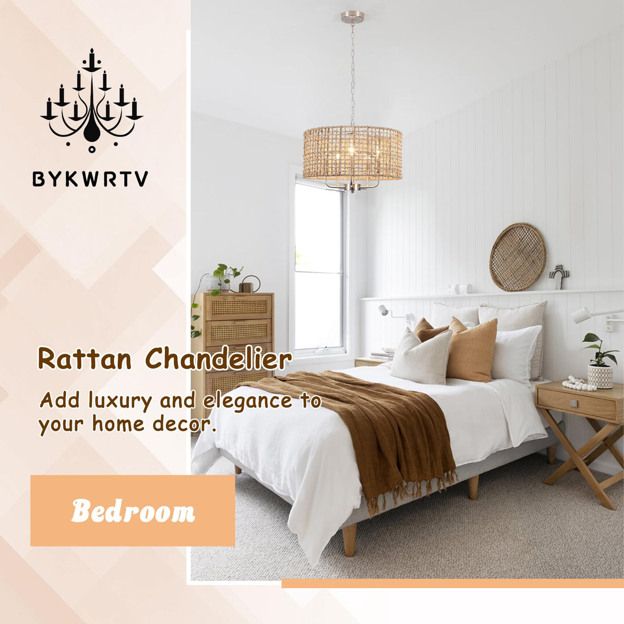 BYKWRTV Rattan Farmhouse Chandelier Light Fixture, 5-Light Boho Chandeliers for Dining Room with Wicker Lampshade, Rattan Pendant Light Drum Chandelier for Living Room Kitchen Island Bedroom BYKWRTV