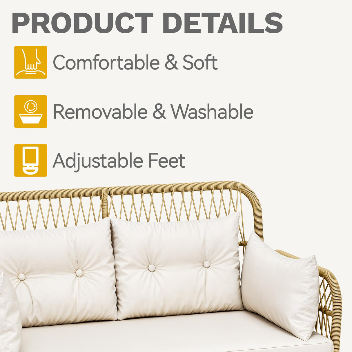 DWVO 2-Seater Outdoor Loveseat Set, All-Weather Wicker Rattan Patio Furniture with Cushions & Tempered Glass Side Table for Backyard, Balcony, Deck, Light Brown + Beige DWVO