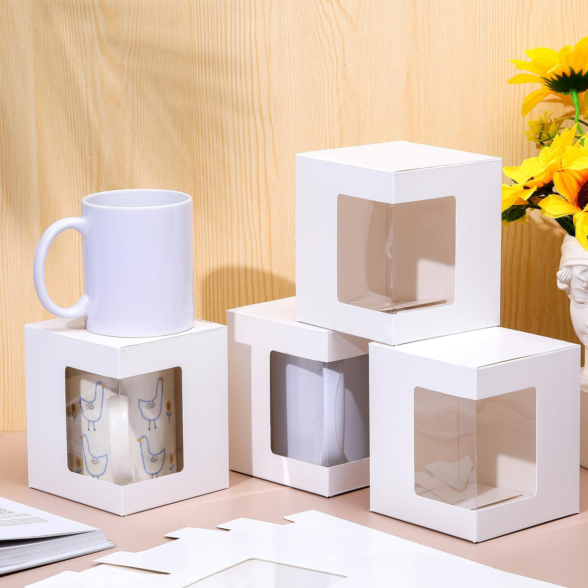 Harloon 24 Pcs Mug Boxes for Gifts Coffee Mug Gift Box for Blanks Sublimation Mugs Packaging 11oz, 12oz, 15oz Transparent Ceramic Coffee Cups Gift Box (White) Harloon