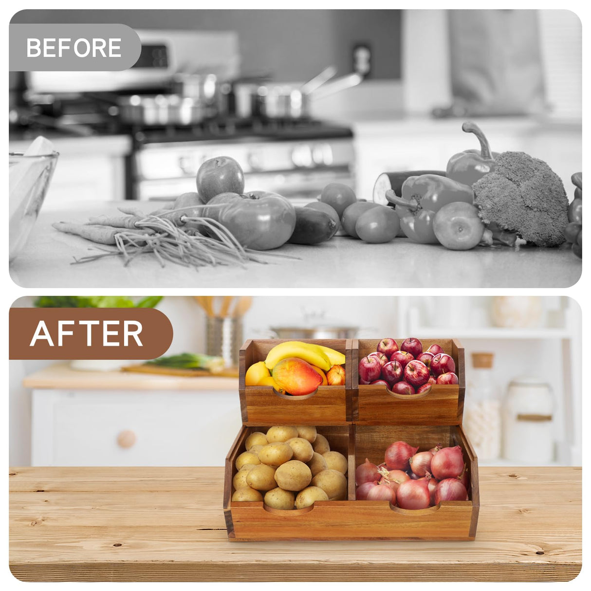 3 in 1 Acacia Wood Pantry Storage Bins for Kitchen(No installation Required)-Potato and Onion Storage Bins,2-tier Vegetable and Fruit Organizer with Anti-slip Mat,Stacking Bins for Kitchen & Pantry EULXSUD