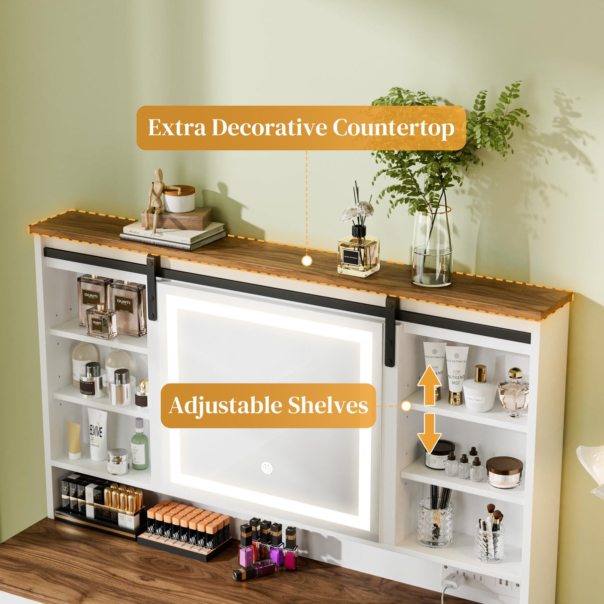 CLLASOU Farmhouse Makeup Vanity Desk with Sliding Mirror and Lights, Vanity Table with 2 Drawers & Shelves, Rustic Vanity Set with Lights Adjustable Brightness for Bedroom, White CLLASOU