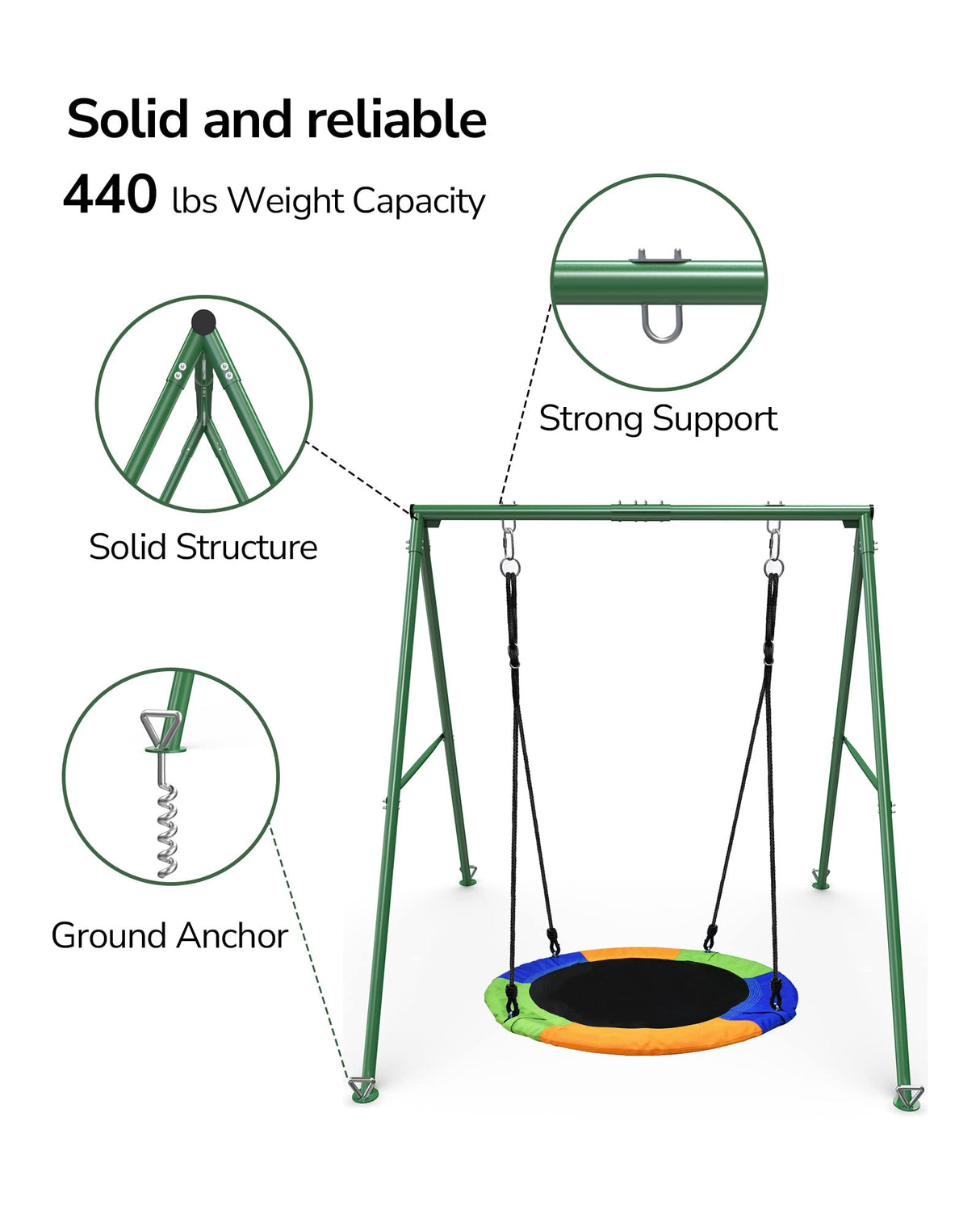PACEARTH 440lbs Capacity Flying Saucer Swing Set with Heavy Duty A-Frame Metal Swing Stand, Full Steel, Outdoor for Kids, Backyard, Playground, Outdoor PACEARTH