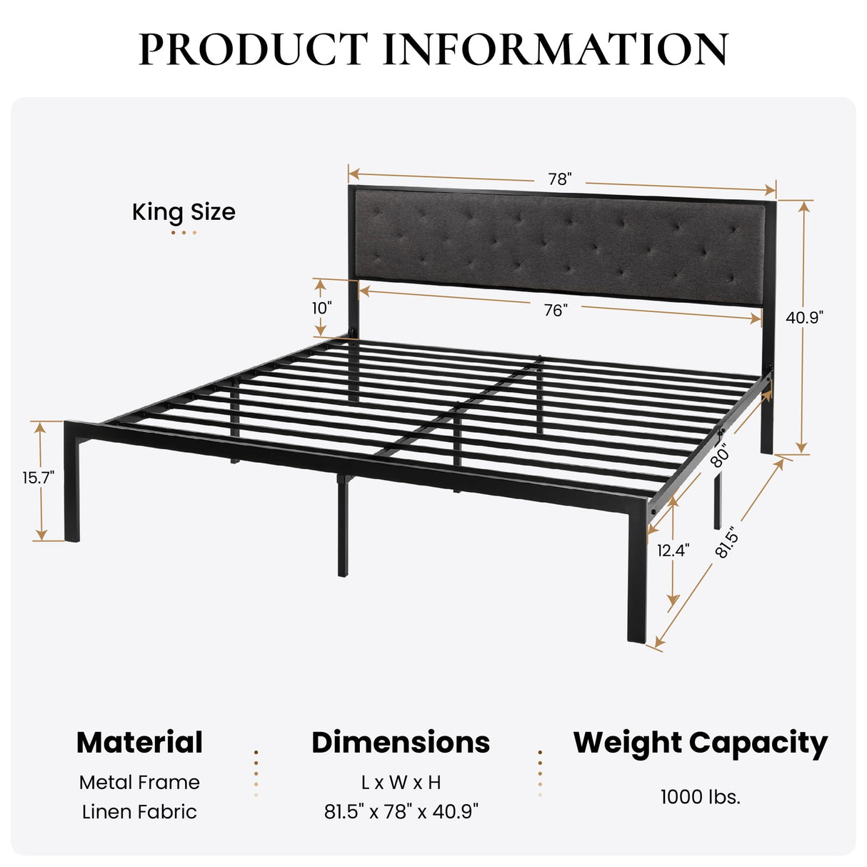 SHA CERLIN King Size Metal Platform Bed Frame,Linen Upholstered Button Tufted Headboard, Mattress Foundation with 12.4” Under-Bed Storage, Noise-Free, Easy Assembly, No Box Spring Needed, Dark Grey SHA CERLIN