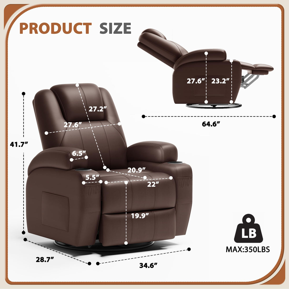 Flamaker Swivel Rocker Recliner Chair with Vibration Massage, 360° Swivel Recliner Chairs for Adults Ergonomic Lounge Chair with Cup Holders Lazy Boy Recliner Single Sofa Seat (Leather, Brown) Flamaker