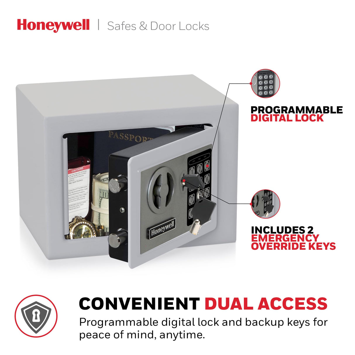 Honeywell Safes & Door Locks - Bolt Down Small Safe Box with Digital Lock for Home - Steel Security Electronic Lock Box - Cabinet & Door Design Safe with 2 Keys - 0.17-Cubic Feet - White - 5005W Honeywell Safes & Door Locks