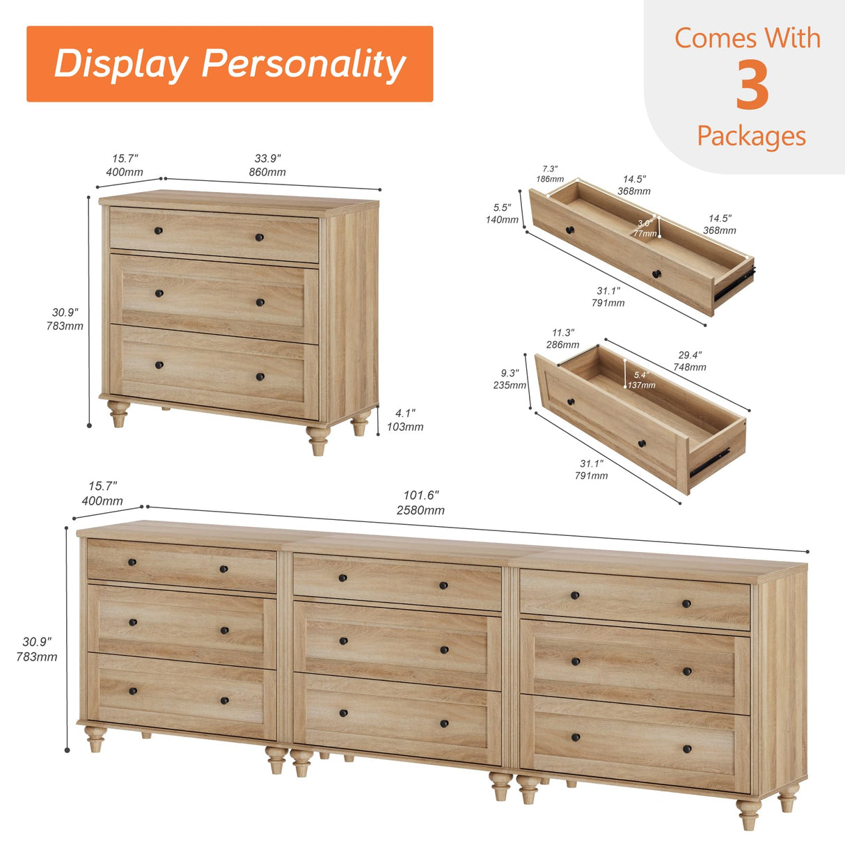 WAMPAT Dresser for Bedroom with 9 Drawers, Oak Kids Dressers with Wide Chest of Drawers, Mid Century Modern Wooden Closet Storage Organizer, Large Wood Dressers for Living Room, Nursery, Hallway WAMPAT