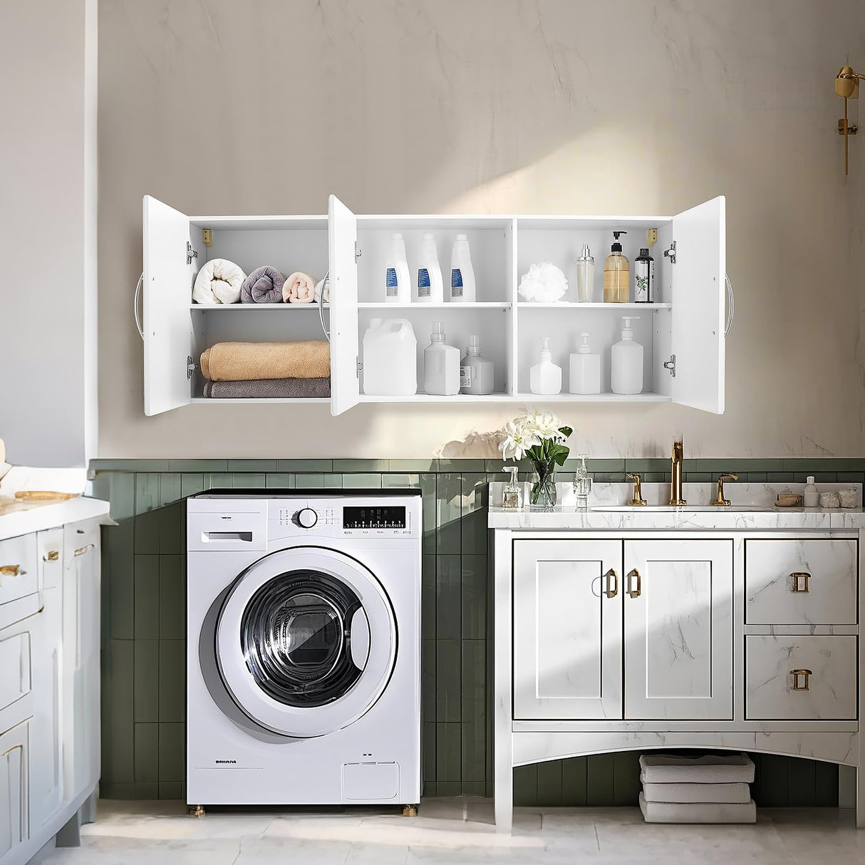 VEVOR Laundry Room Wall Cabinet, 2-Tier Wall Mounted Hanging Cabinet with 3 Doors, Cupboard Organizer with Adjustable Shelf, for Kitchen, Garage, Laundry, 12.44 x 54 x 20.31 in (D x W x H), White VEVOR