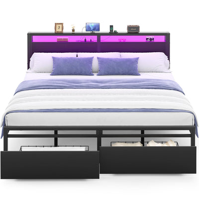 Homieasy Black King Size Bed Frame with LED Headboard, 2 Storage Drawers, and Noise-Free Design