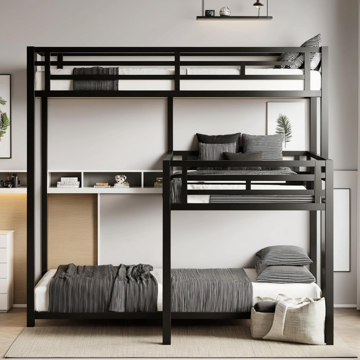 PVWIIK Triple Bunk Bed with Built-in Ladder and Full-Length Guardrails for 3 Kids,Metal L-Shaped Bunk Bed,Space Saving Design, No Box Spring Needed, Black PVWIIK