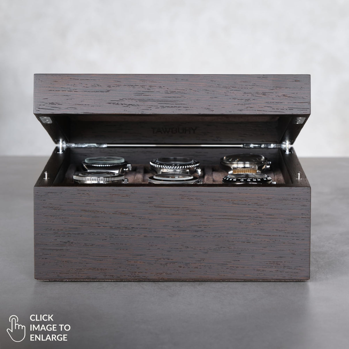 TAWBURY 6 Slot Wood Watch Box - Unisex Wooden Watch Box Crafted from Exquisite Kassod Wood | Compact Design, Fully Lined Interior, Soft-Close Metal Hinges, Push-Latch Locking System TAWBURY