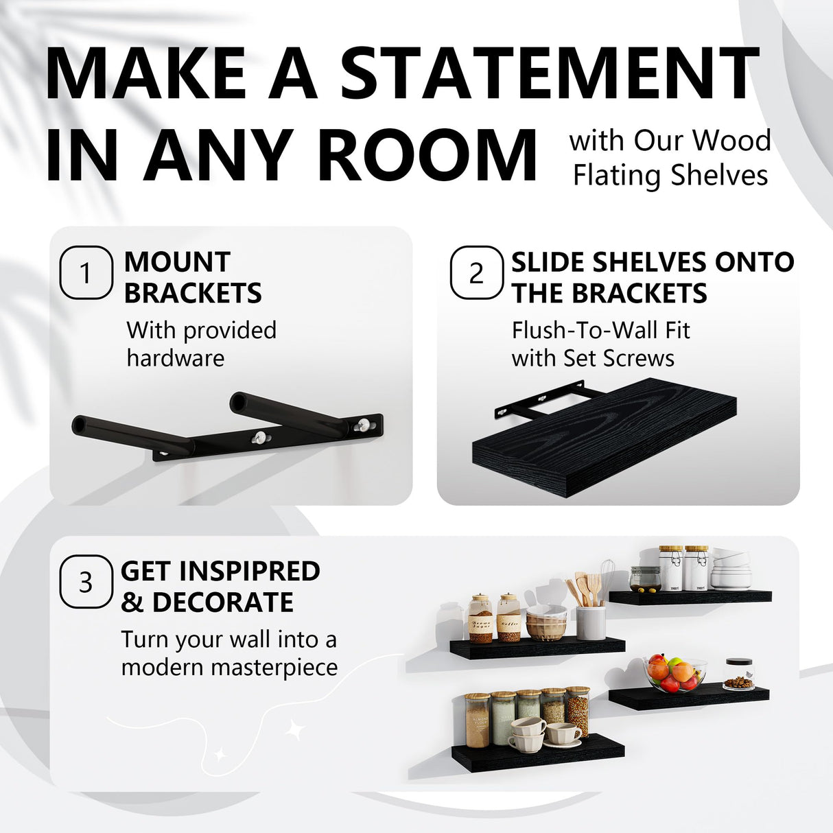 Venusmiles Floating Shelves for Wall, Wall Mounted Shelves with Invisible Brackets, 2 Small Wood Floating Wall Shelf Shelves for Living Room, Bedroom, Kitchen, Bathroom (Black, 15" W x 6" D x 1" H) Venusmiles