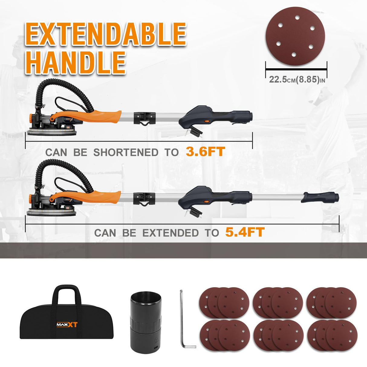 MAXXT Drywall Sander with Vacuum Dust Collection, Popcorn Ceiling Removal Tool, 6 Variable Speed Foldable Telescopic Electric Wall Sander, 600-1900RPM Power Sander Tool, LED Light, 18Pcs Sanding Discs MAXXT