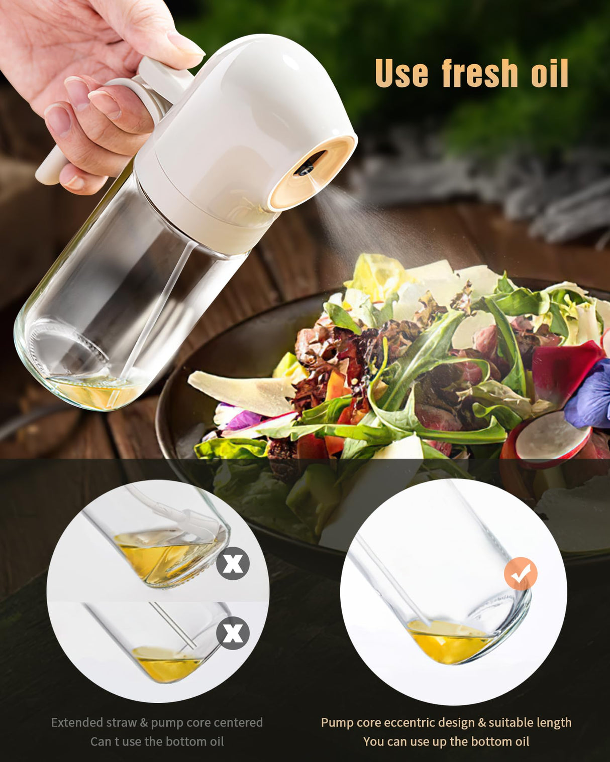 YUPER Oil Sprayer for Cooking, 250ml Refillable Glass Olive Oil Spray Bottle, Continuous oil dispenser for kitchen, 8.4oz Olive Oil Mister Kitchen Gadgets for Air Fryer,Salad, Baking, BBQ YUPER