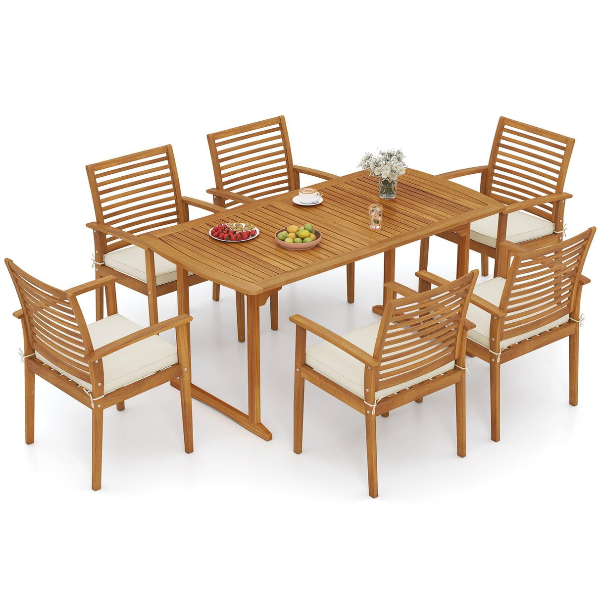 Tangkula 7 Piece Patio Acacia Wood Dining Set for 6, Patio Rectangle Table with Umbrella Hole & 6 Cushioned Armchairs, for Backyard Garden Poolside Deck, Natural Tangkula