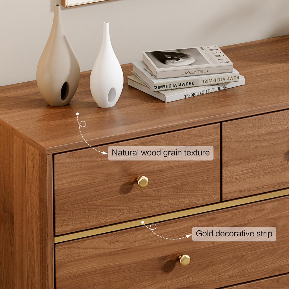 Chrangmay 9 Drawers Dresser for Bedroom,35.4" Tall Wood Rustic Modern Chest of Drawers with Natural Texture,with Anti-Tipping Device, Storage Dressers Organizer for Bedroom, Living Room,Chestnut Chrangmay