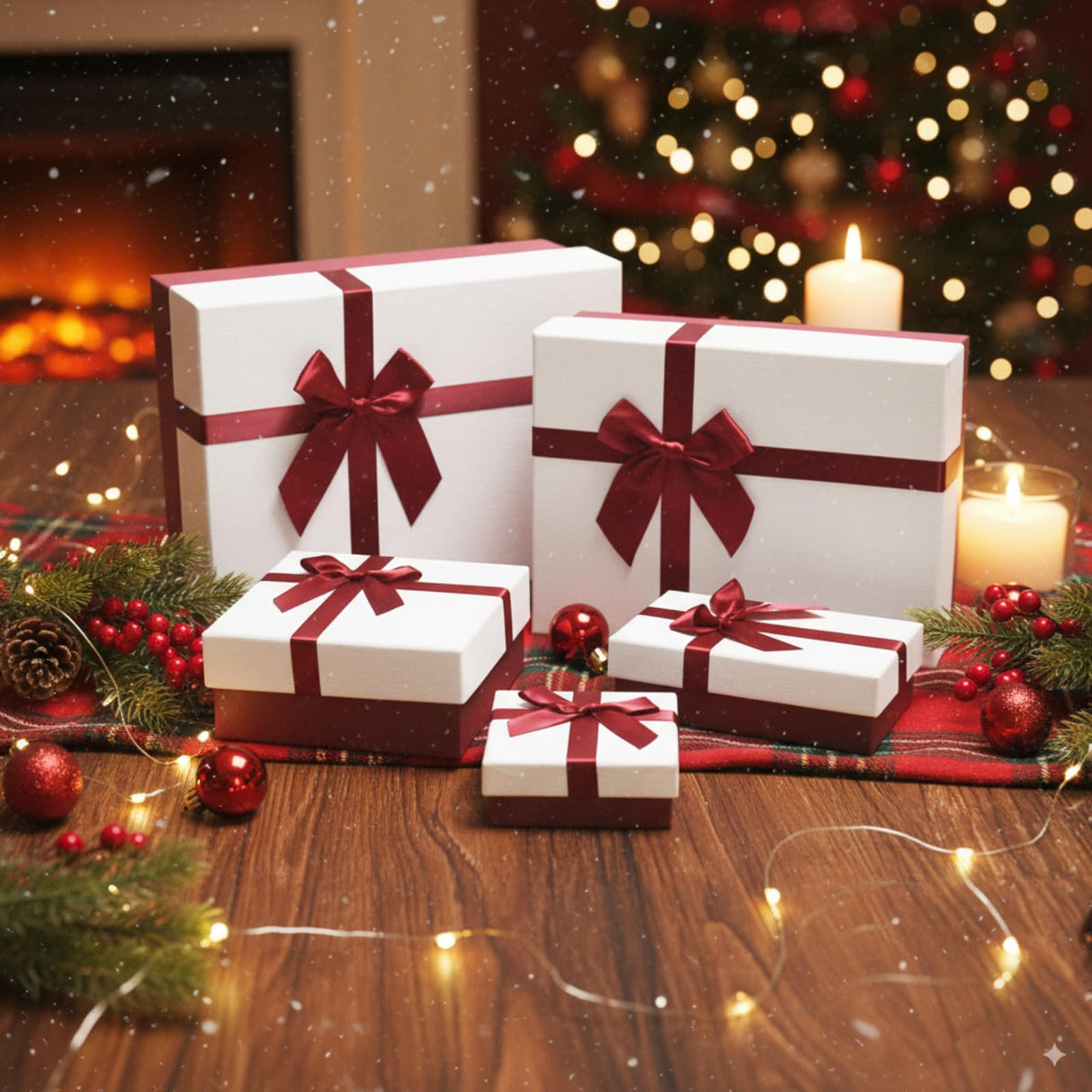 Gift Box for Present, 5 Christmas Gift Boxes with Lids, Boxes for Gifts, Red Gift Boxes with Ribbon for Holidday, Christmas, Celebration, Birthday, Weddings, etc.(Red/White) Eerbaier