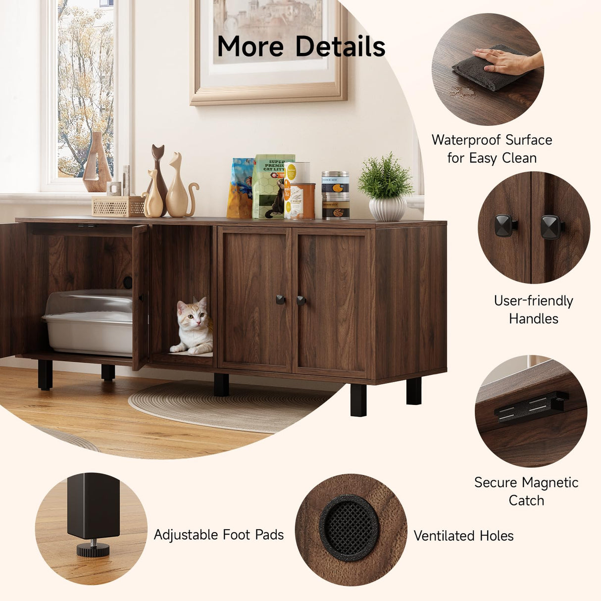 59 Inches Cat Litter Box Enclosure for 2 Cats, Hidden Litter Boxes Furniture with Cat Scratch Pad, Large Indoor Pet House with Double Room, Wooden TV Stand Side Table, Walnut ONBRILL