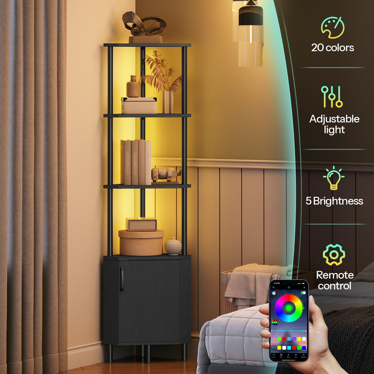 HOOBRO Corner Cabinet with LED Light, Corner Shelf Stand with Storage and Doors, 5-Tier Industrial Corner Bookshelf, 59” Tall Display Rack Shelf, for Living Room, Kitchen, Black BB147DCJ01 HOOBRO