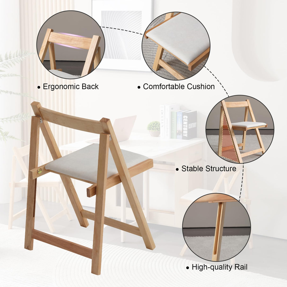 zenHarmet Folding Dining Chairs with Cushion, Padded Folding Chairs Lightweight, Modern Folding Patio Chairs, Wooden Dining Chairs, Foldable Chairs Set of 2 for Camping, Picnic, Office, Party (Wood) zenHarmet