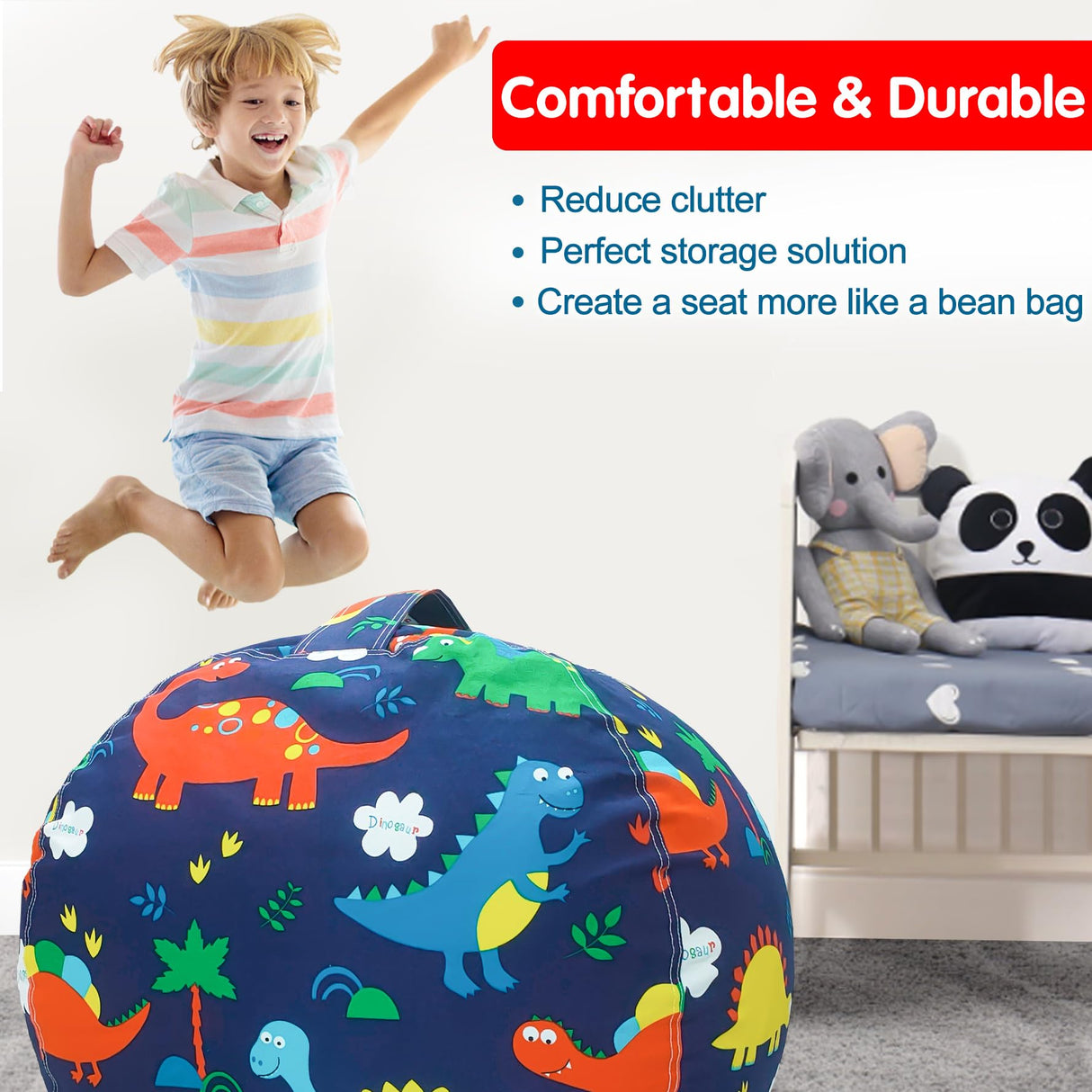 Lukeight Stuffed Animal Storage Bean Bag Chair Cover (No Filling) for Kids, Dinosaur Zipper Beanbag Chair Cover for Organizing Toddler and Kids' Rooms Plush Toys (Dinosaur, Large) Lukeight