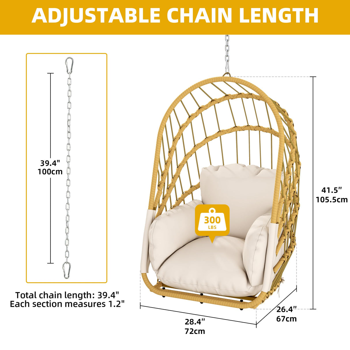 DWVO Foldable Hanging Egg Chair with Cushion, Rattan Wicker Swing Chair Without Stand, 350lbs Capacity, Indoor Outdoor Basket Seat for Balcony, Bedroom, Porch, Garden (Beige) DWVO