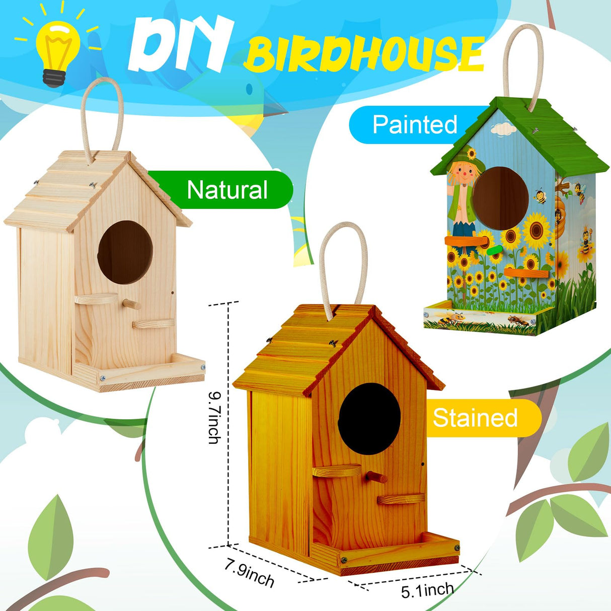 Liliful 4 Pack Birdhouse Kit DIY Wooden Bird House with Paint and Paintbrushes Arts and Crafts Painting Kits for Boys Girls Adults Build Paint Fun Classroom Birthday Indoor Outdoor Craft (Cute) Liliful
