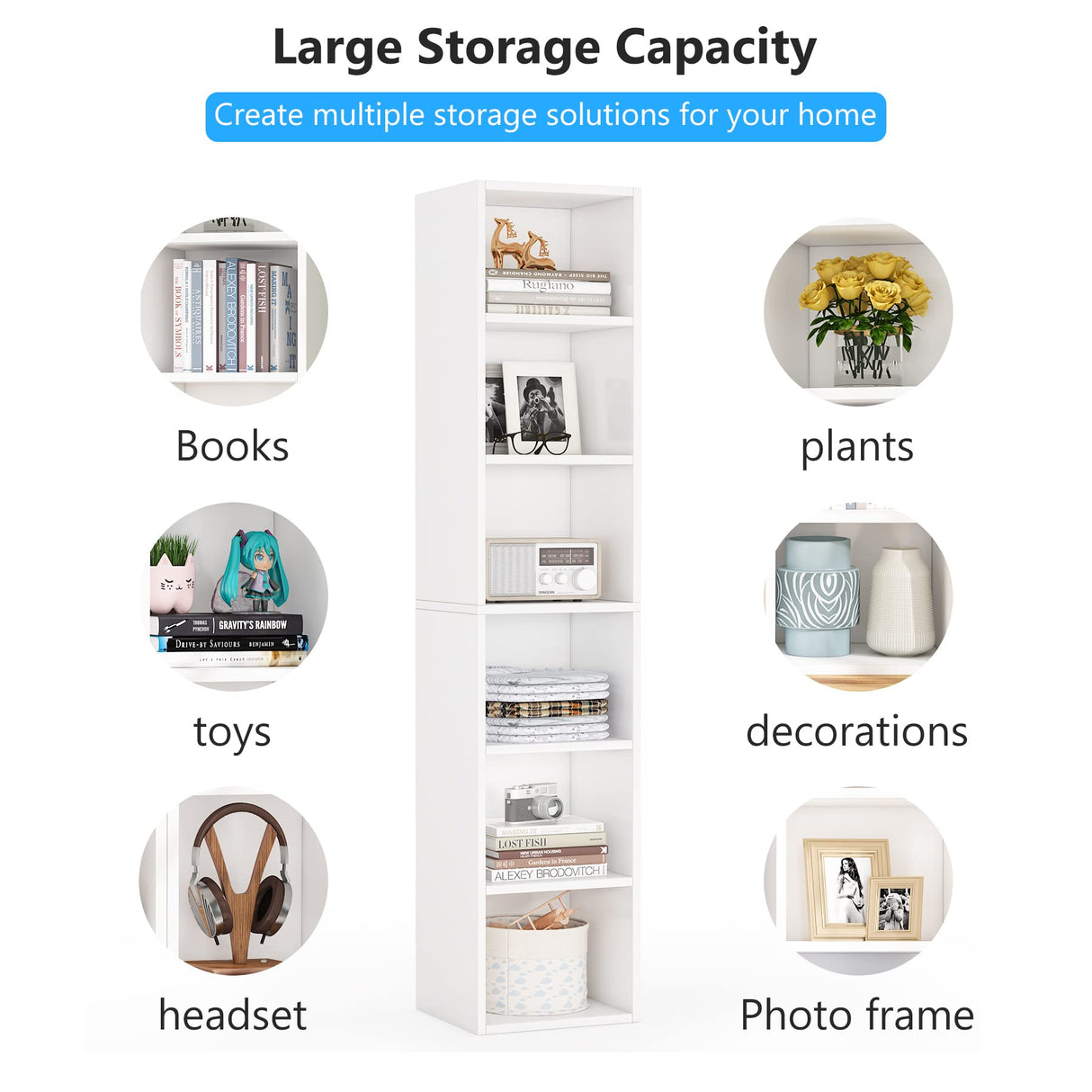 Tribesigns 70.9 Inch Tall Narrow White Bookcase with 6 Tier Cube Shelves for Space-Saving Storage Tribesigns