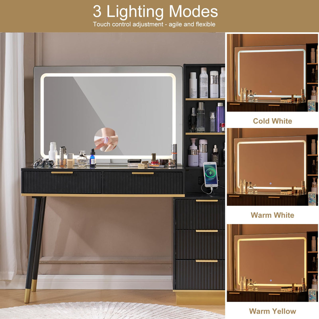 LUXOAK 54" Tall Vanity Desk with 35" W x 24" H Large Mirror and Lights, Large Makeup Vanity Table with 5 Drawers, 3 Shelves and Charging Station, Glass Top Desk for Bedroom, Dressing Room, Black LUXOAK