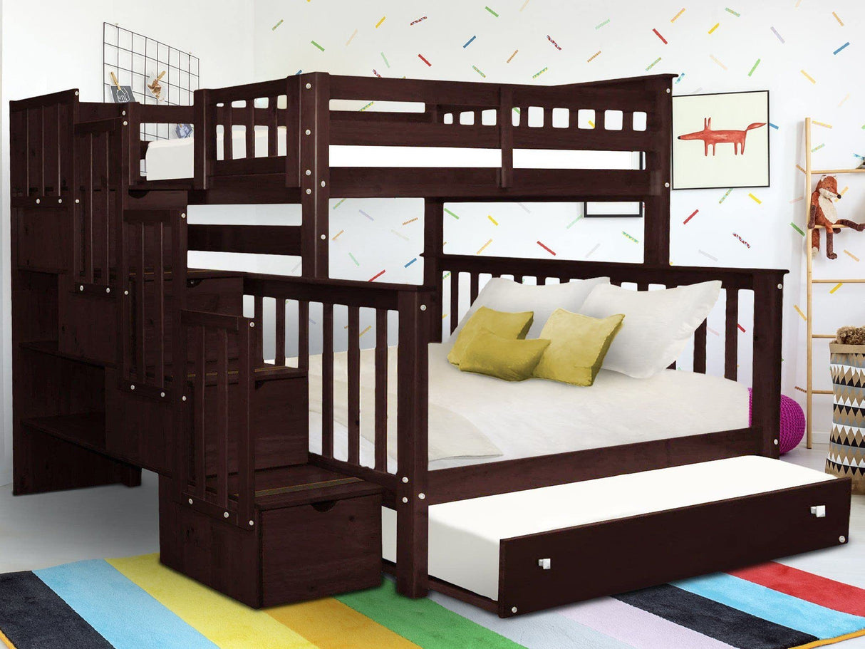 Bedz King Stairway Bunk Beds Twin over Full with 4 Drawers in the Steps and a Twin Trundle, Dark Cherry Bedz King