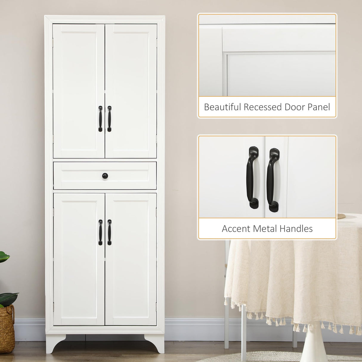 HOMCOM 67" Tall Freestanding Kitchen Pantry Cabinet, 4-Door Storage Cabinet with Drawer and Adjustable Shelves for Dining Room, White HOMCOM