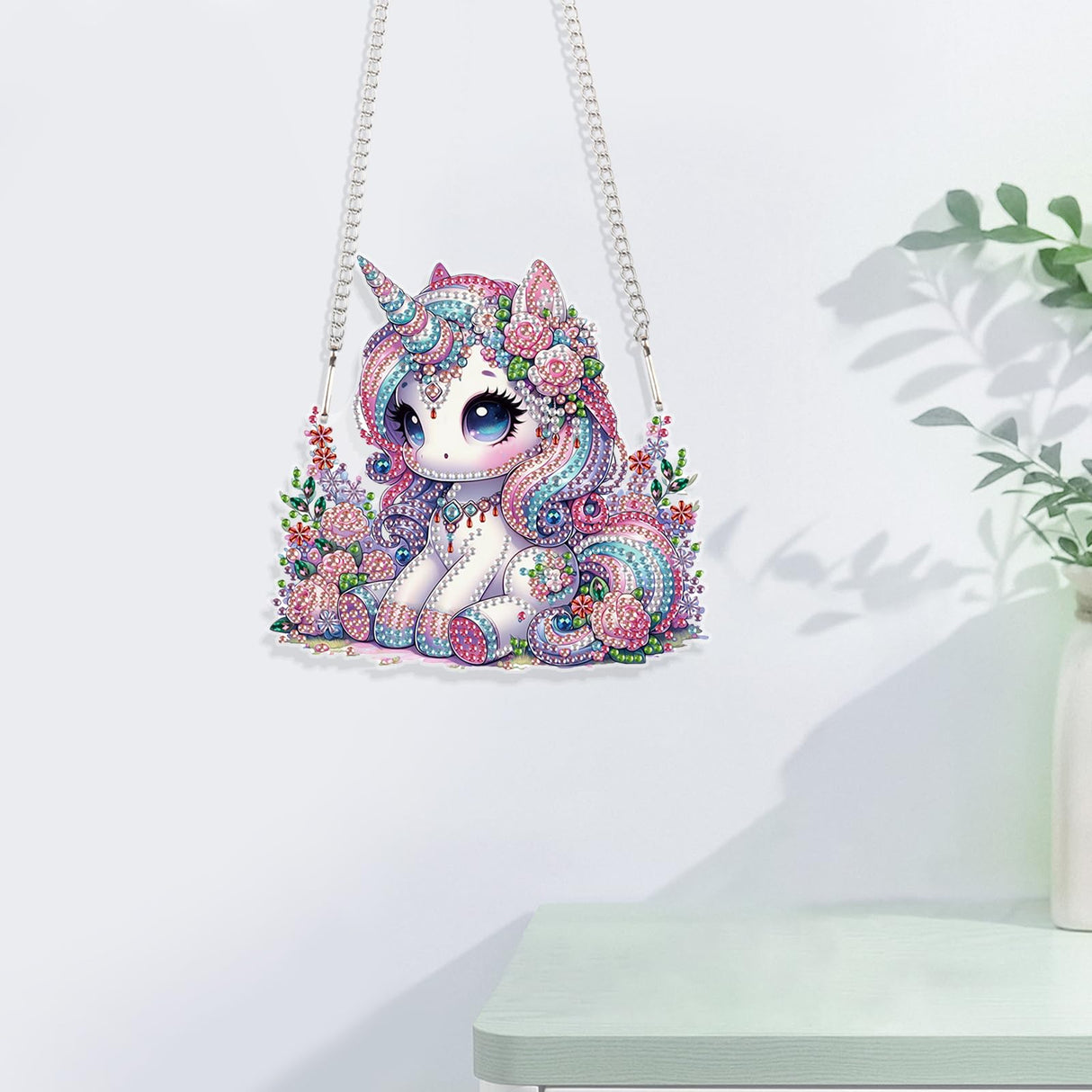 JISHSHAY Diamond Art Hanging Diamond Painting Sun Catchers Gem Art Table Wind Chimes Gem Painting Hanging Pendant Mosaic Kits for Adults Suncatchers Window Hangers with Special Drills Unicorn JISHSHAY