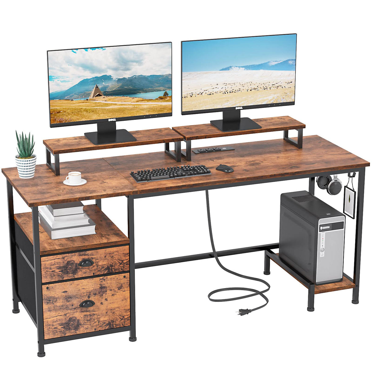 Furologee Desk with Drawer and Power Outlets, 55" Large Compter Desk with Fabric File Cabinet and 2 Movable Monitor Shelf, Writing Gaming Table with CPU Stand and 2 Hooks for Home Office, Rustic Brown Furologee