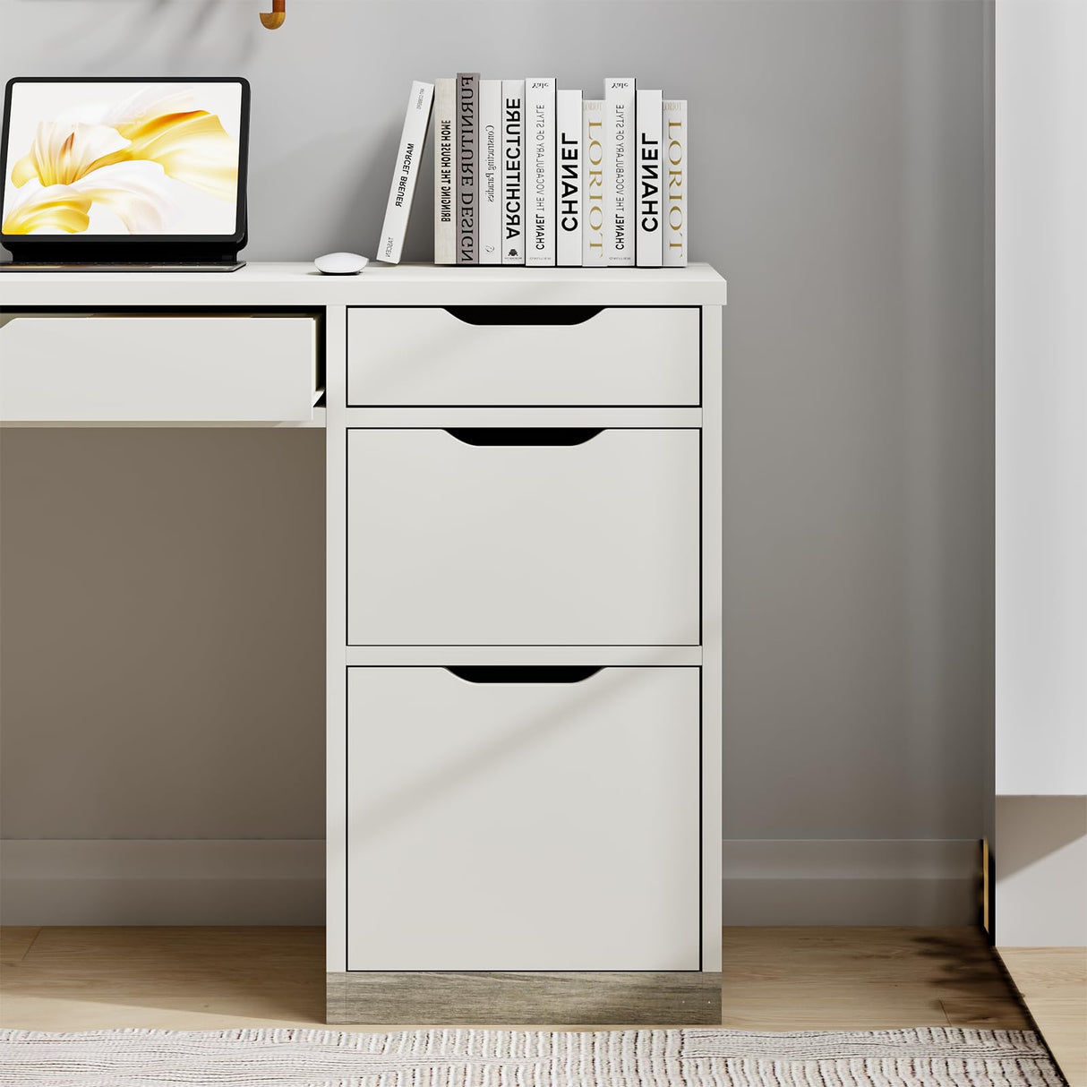 MaverickFurni White Desk with 4 Drawers, Small Desk with Storage, White Computer Desk with Filing Cabinet, Small Desks for Kids, Home Office Desk with Drawers, Bedroom, Small Space MaverickFurni