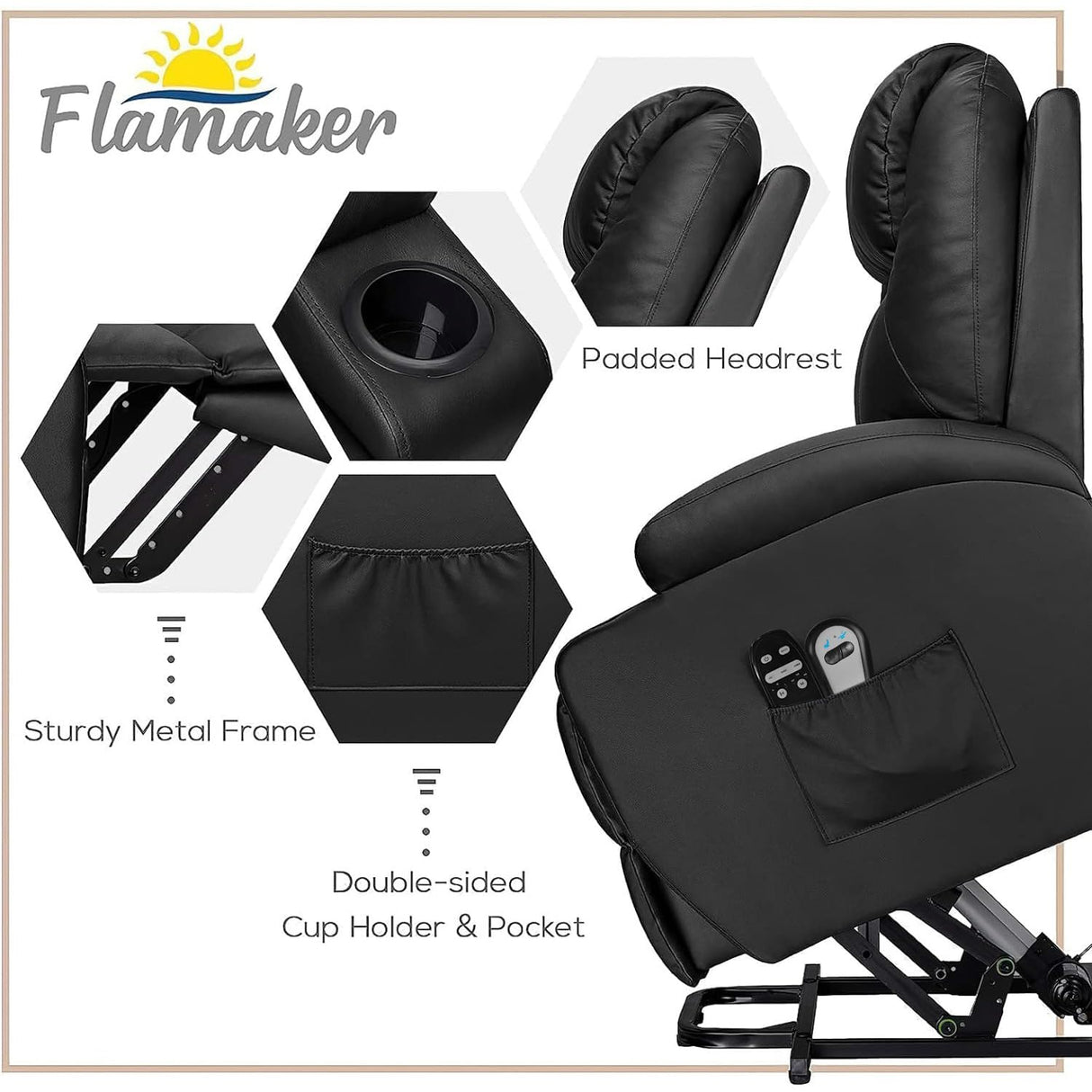 Flamaker Power Lift Recliner Chair PU Leather with Massage for Elderly Ergonomic Lounge Chair Classic Single Sofa with 2 Cup Holders Side Pockets Home Theater Seat (Leather, Light Black) Flamaker