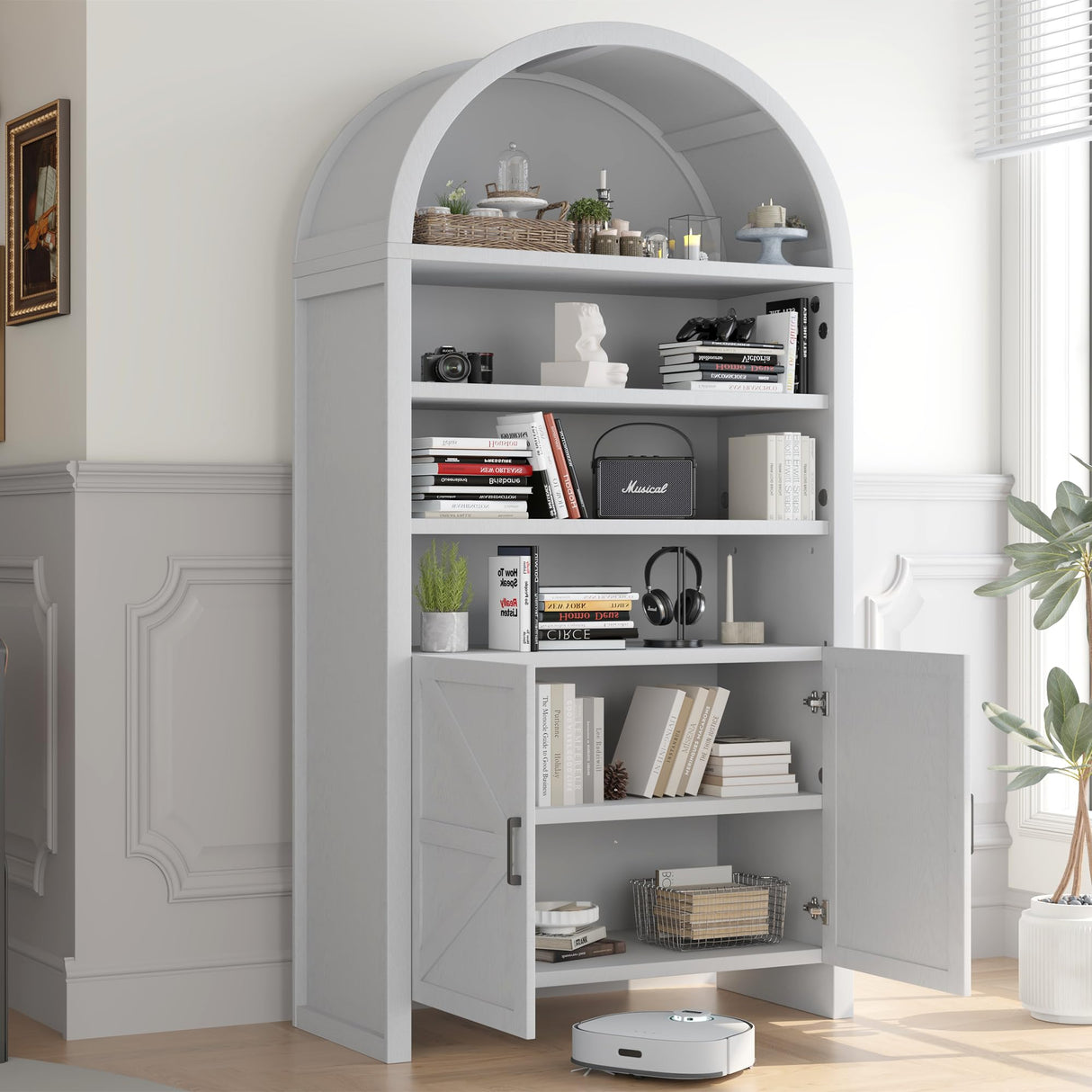 TIMWNER 71” Arched Bookshelves, Tall Wood Bookcase with Lower Cabinet, Modern Pantry Storage Cabinet Bookshelf for Kitchen, Living Room,Office,White TIMWNER