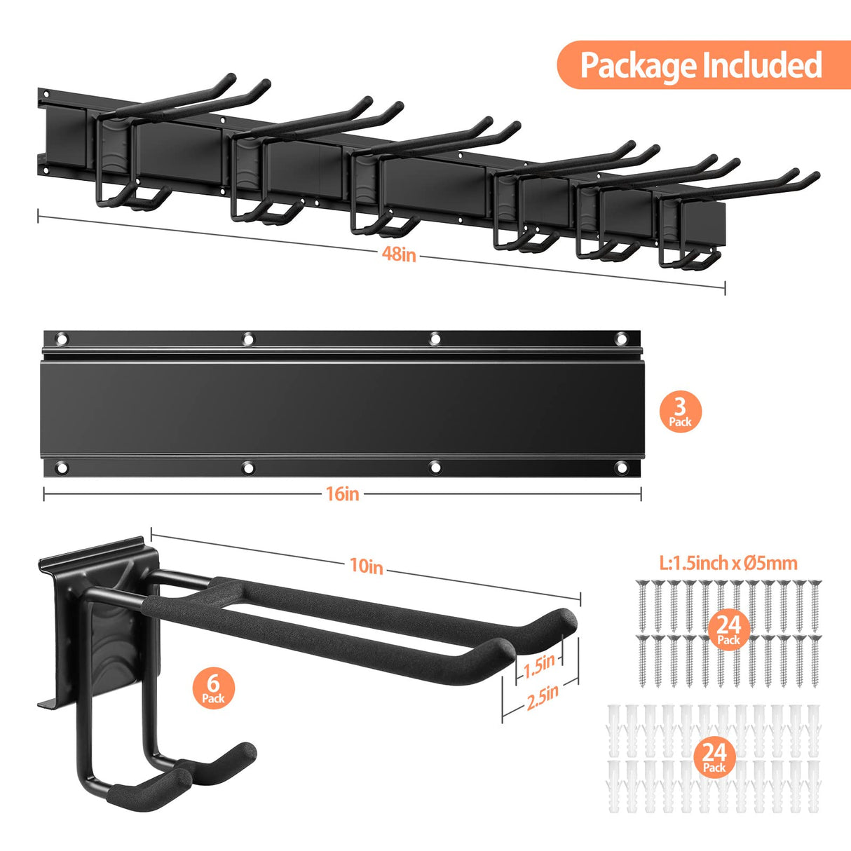 Garage Tool Storage Rack, 48 Inch Garage Organizer Wall Mounted Storage System with 6 Double Layer Hooks, Super Heavy Duty Garden Tool Hanger for Ski Gears, Chair, Rake Shovel Yard Tools Gatsowm