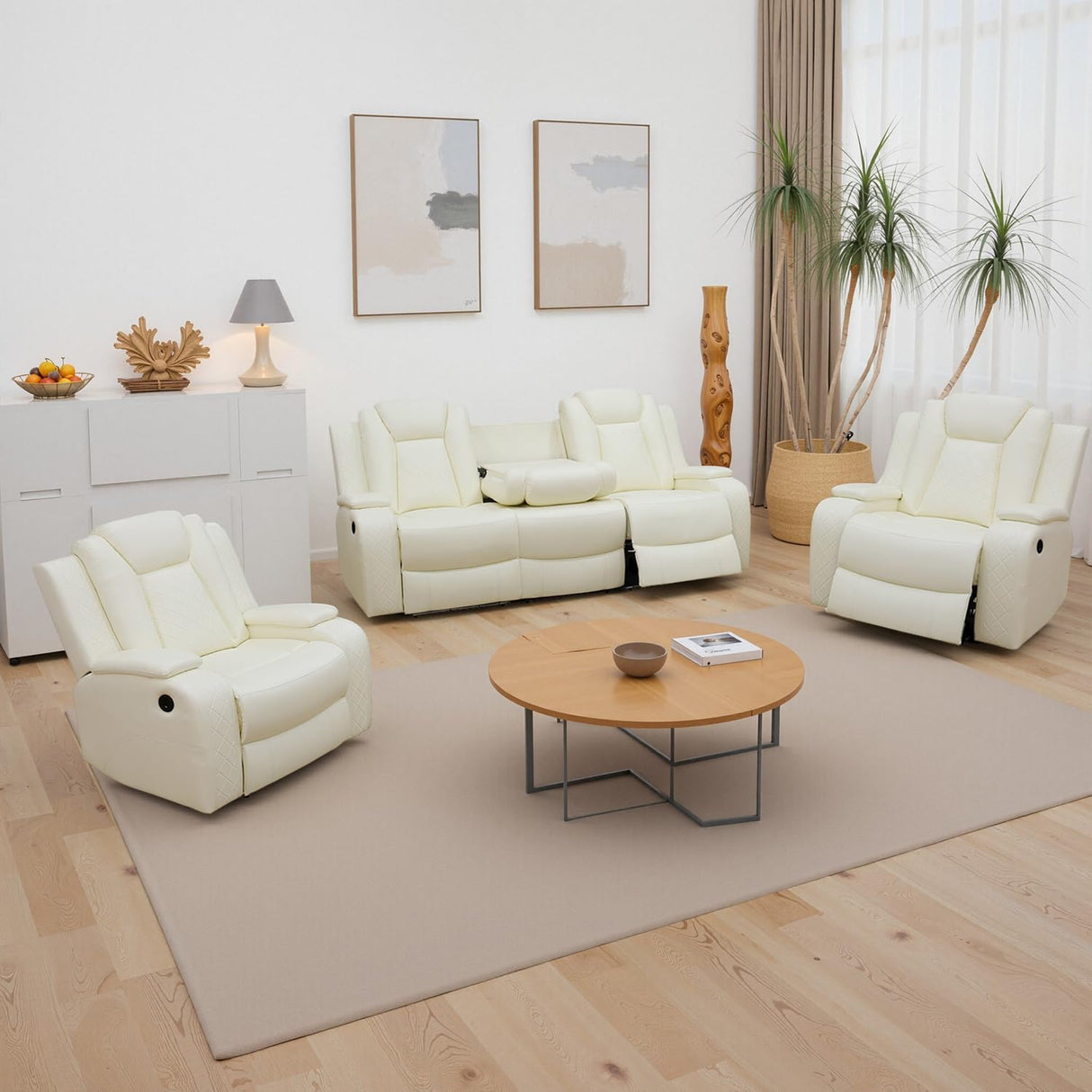 GEBADOL Leather Power Recliner Set with LED, 3-Piece Recliner Sofa and Loveseat Chair with Storage Console/Charging Port, Modern Reclining Furniture for Living Room (Cream-White, Sofa+2 Chairs) GEBADOL