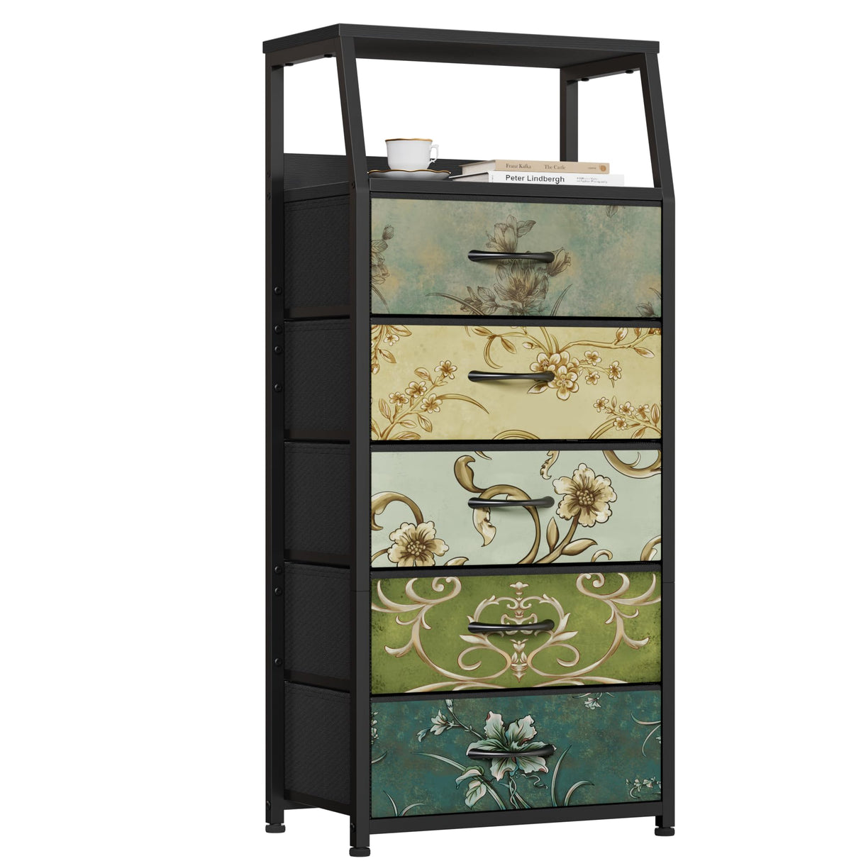 Furnulem Retro 5 Drawers Dresser, Tall Dressers for Bedroom, Closet, Hallway, Nursery, Fabric Storage Tower Organizer, Vertical Nightstand Side Table Furniture, Steel Frame, Wood Top Furnulem