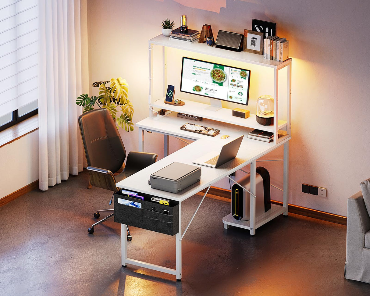 ODK 53 Inch L Shaped Desk with LED Lighting, Reversible Gaming Desk with Power Outlets, Cornor Computer Table with Storage Shelves & Bag & Iron Hook, Home Office Table for Writing, Study, White ODK