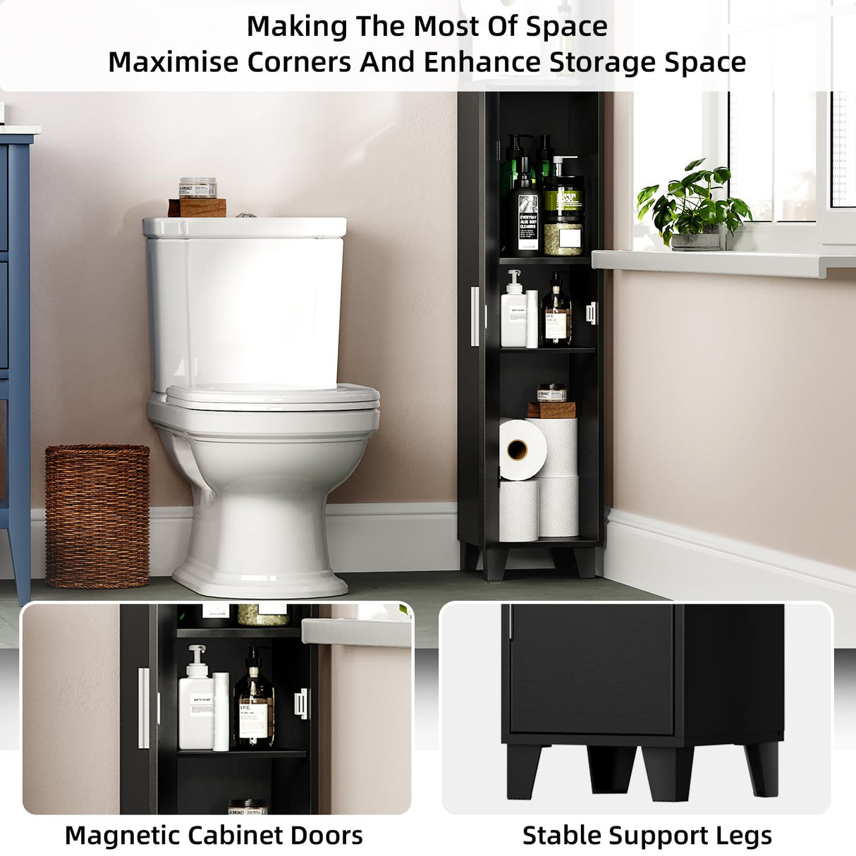 MOHOPE Corner Shelf with Cabinet, 74.8" Tall Corner Cabinet with Door, 5-Tier Narrow Bookshelf with Adjustable Shelves, Display Cabinet for Living Room, Bathroom, Dining Room, Small Space, Black MOHOPE