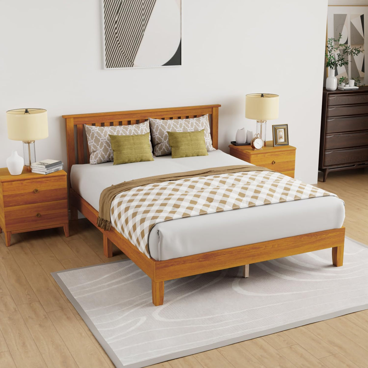 PayLessHere Solid Wood Platform Bed Frame with Headboard - Queen, Brown, Easy Assembly, No Box Spring Needed PayLessHere
